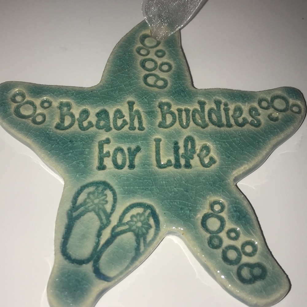Starfish Sea Star Beach Buddies For Life Embossed Clay white Ribbon Ornament